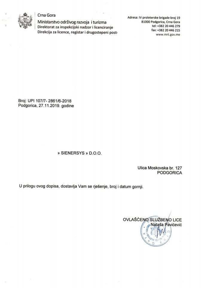 UPI-107-7-2861-6-2018 SIENERSYS DOO
