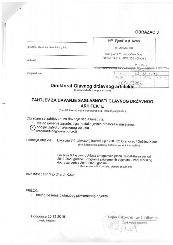 23.12.2019. Zahtjev - HP Fjord A.D. - ponton -  Kotor