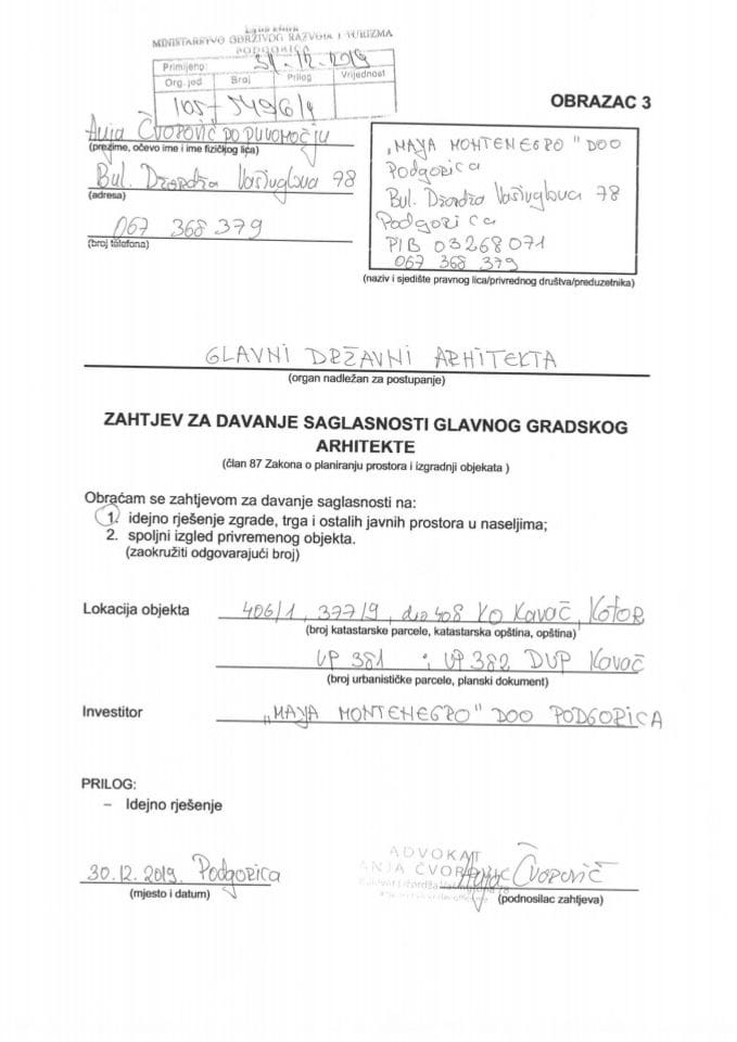 31.12.2019. Zahtjev - MAYA MONTENEGRO d.o.o. - Kotor
