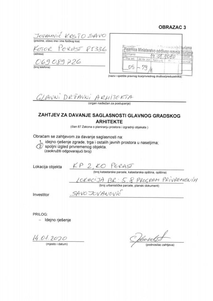 14.01.2020. Zahtjev - Savo Jovanović - Kotor