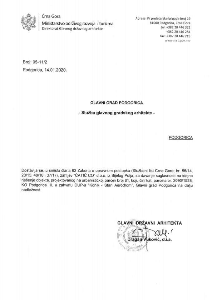 14.01.2020. Obavještenje - Glavni grad Podgorica - Glavni gradski arhitekta - ĆATIĆ CO d.o.o. - Podgorica