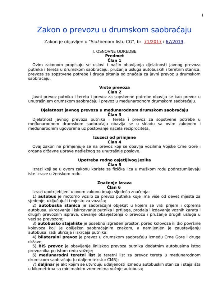 Zakon o prevozu u drumskom saobraćaju - "Sl. list CG", br. 71/2017 i 67/2019