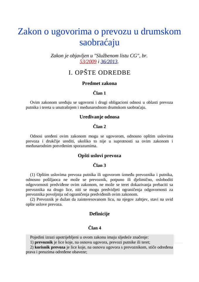 Zakon o ugovorima o prevozu u drumskom saobraćaju - "Sl. list CG", br. 53/2009 i 36/2013