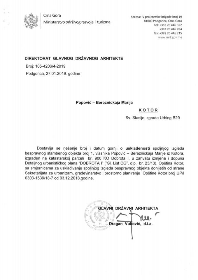 27.01.2020. Rješenje - Marija Popović Bereznickaja - Kotor