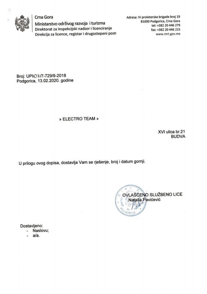 UPI-107-7-729-9-2018 ELECTRO TEAM DOO