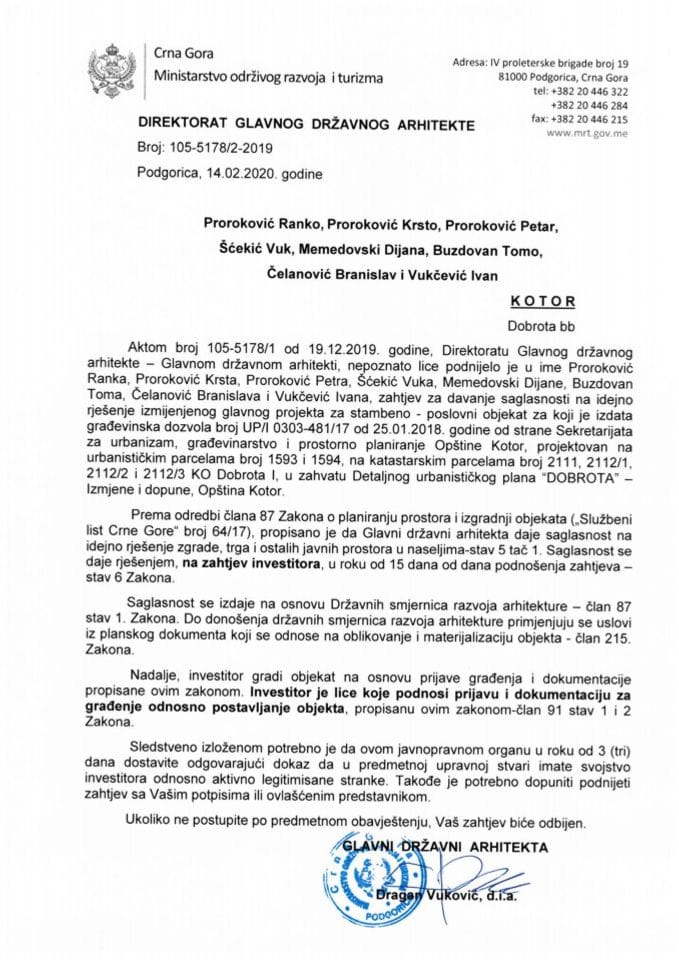 14.02.2020. Obavještenje - Proroković Ranko, Krsto, Petar, Šćekić Vuk, Memedovski Dijana, Buzdovan Tomo, Čelanović Branislav i Vukčević Ivan - Kotor
