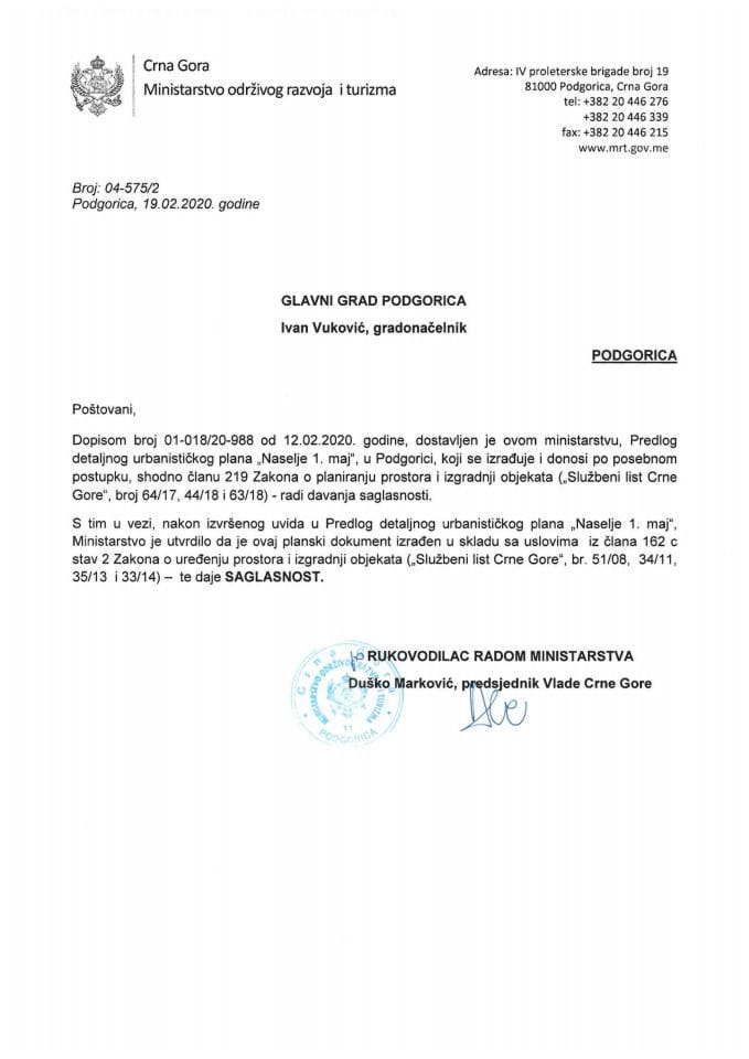 04-575_2 Сагласност на Предлог ДУП-а Насеље 1.мај, Главни град Подгорица