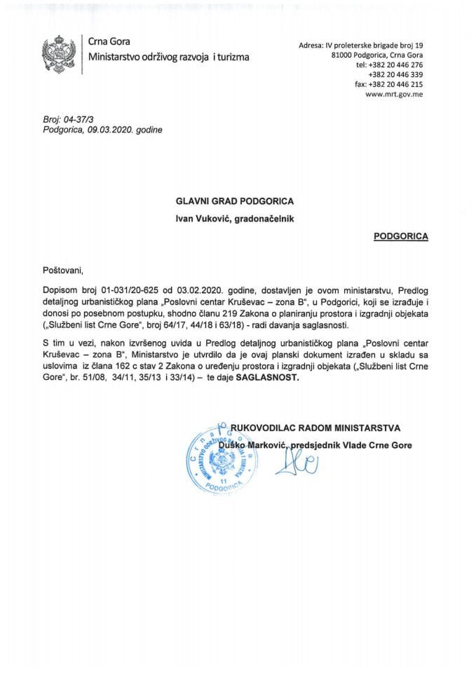 04-37_3 Saglasnost na Predlog DUP-a Poslovni centar Kruševac-zona B, Glavni grad Podgorica
