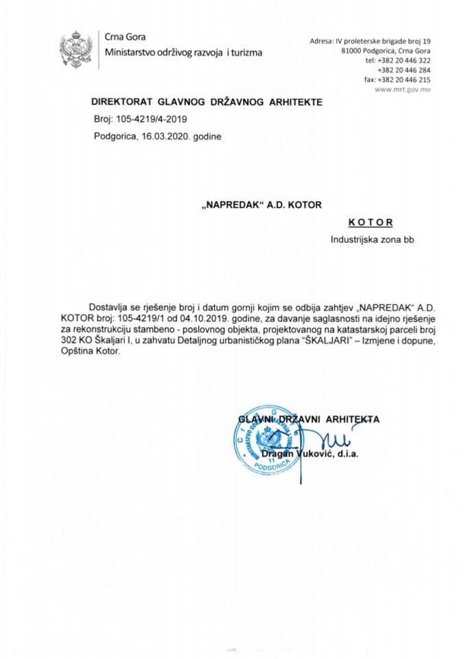 16.03.2020. Rješenje - NAPREDAK A.D. - Kotor