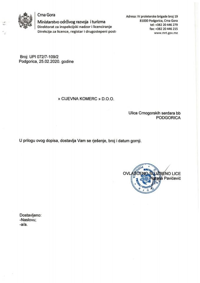 UPI-072-7-109-2 CIJEVNA KOMERC DOO