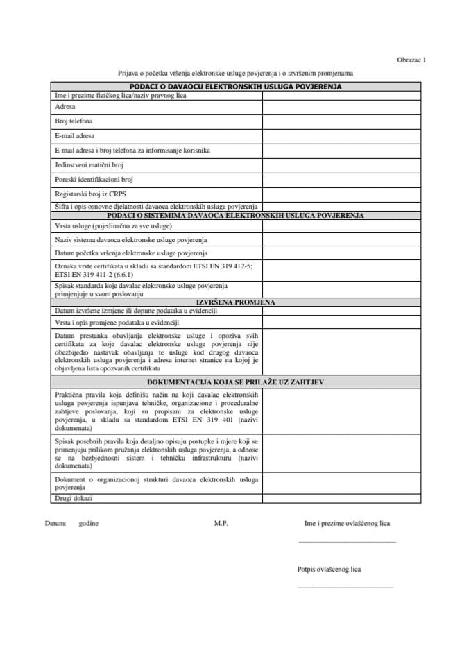 Prijava o početku vršenja elektronske usluge povjerenja i o izvršenim promjenama