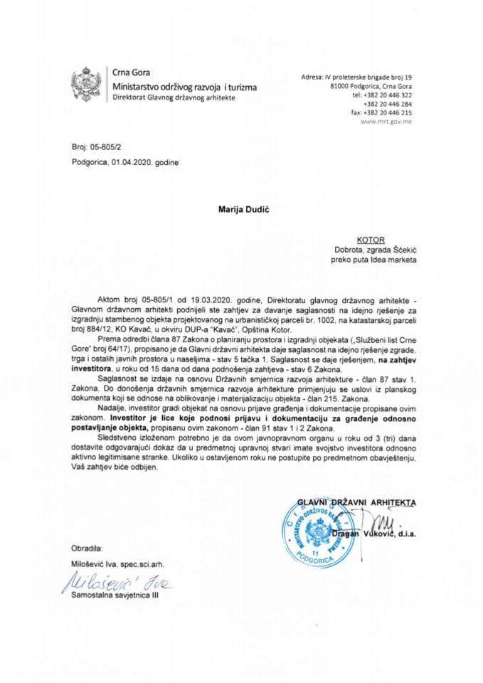 01.04.2020. Obavještenje - Marija Dudić - Kotor
