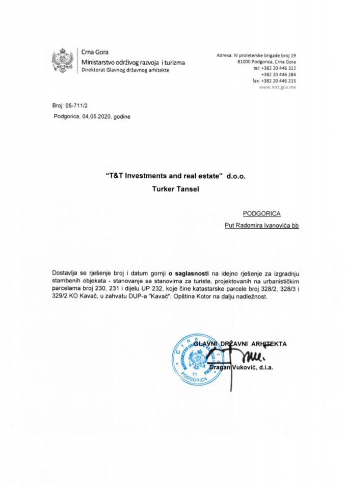 04.05.2020. Rješenje - T&T Investments and real estate d.o.o. - Kotor