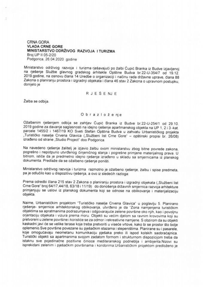 26.04.2020. Rješenje po žalbi - Opština Budva - Glavni gradski arhitekta - Branko Ćupić - Budva