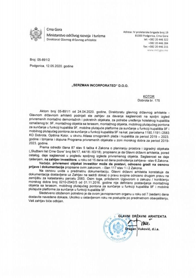 12.05.2020. Obavještenje - Serzman Incorporated d.o.o. - Kotor