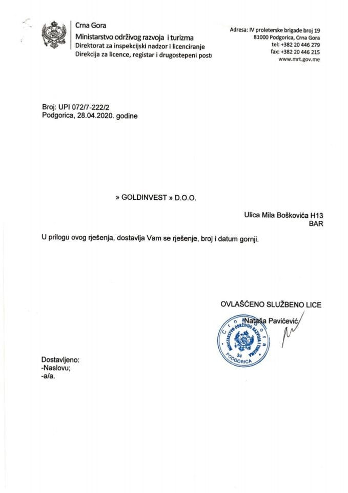 UPI-072-7-222-2 GOLDINVEST DOO