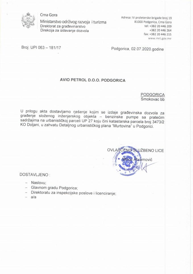 UPI 1063_181_17 Avio petrol D.O.O Podgorica