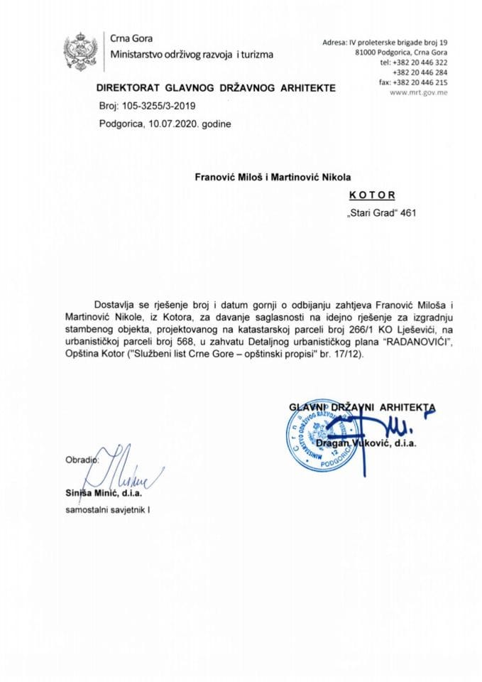 10.07.2020. Rješenje - Franović Miloš i Martinović Nikola - Kotor