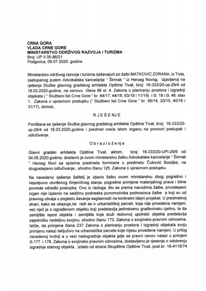 09.07.2020. Rješenje po žalbi - Opština Tivat - Glavni gradski arhitekta - Zoran Matković - Tv