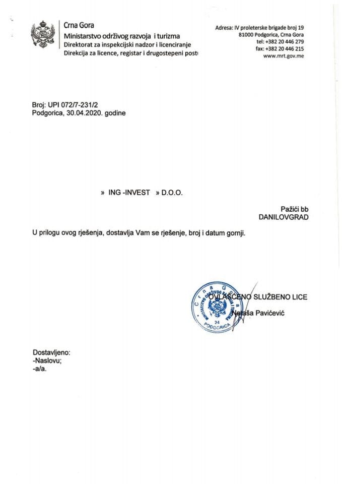 UPI-072-7-231-2 ING-INVEST DOO