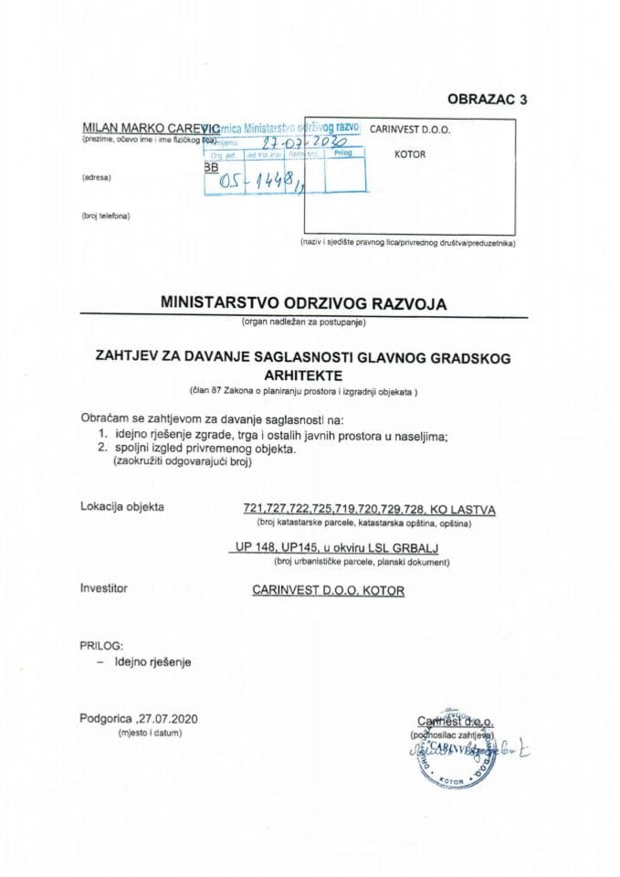 27.07.2020. Zahtjev - CARINVEST d.o.o. - Kotor