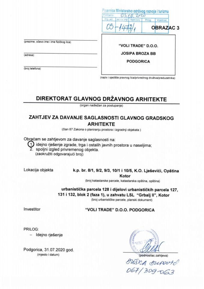 03.08.2020. Zahtjev - VOLI TRADE d.o.o. - Kotor