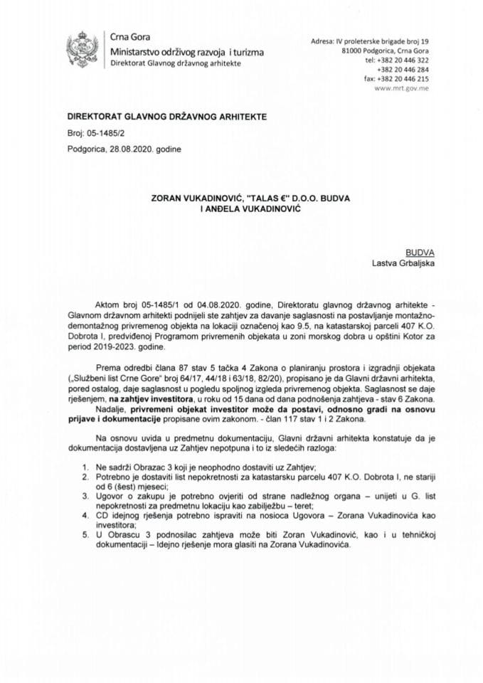 28.08.2020. Obavještenje - Vukadinović Zoran, TALAS E d.o.o. i Anđela Vukadinović - Kotor