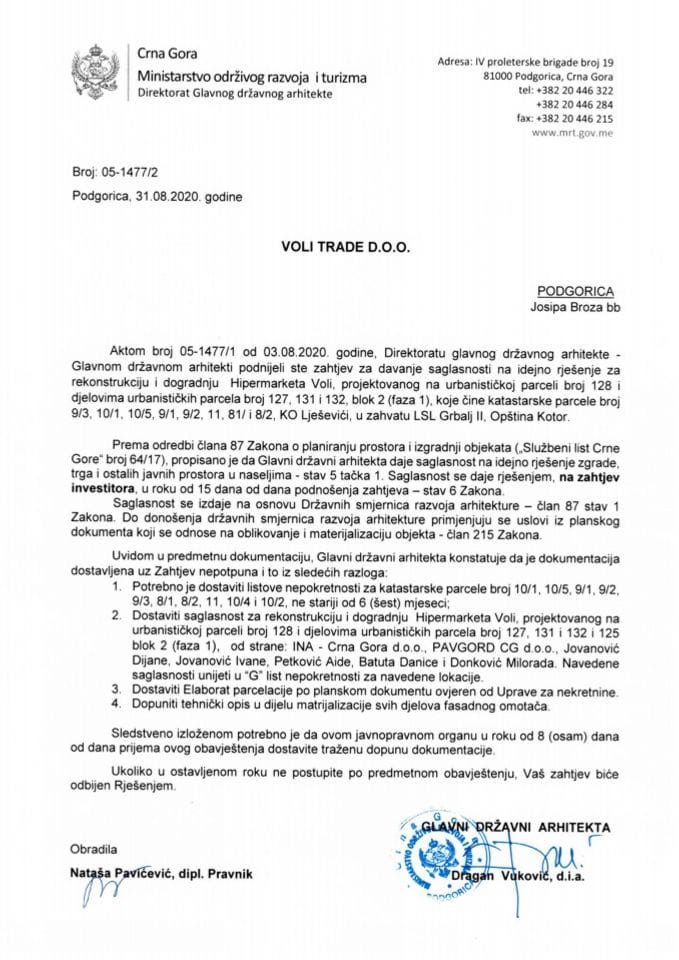 31.08.2020. Obavještenje - VOLI TRADE d.o.o. - Kotor