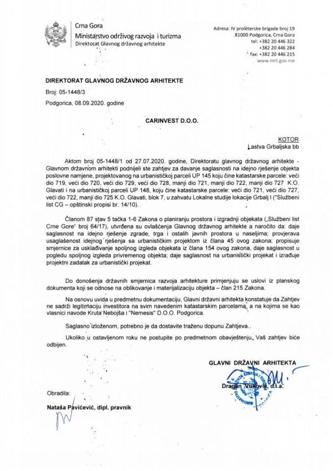 08.09.2020. - Obavještenje - Carinvest doo - 1448 - Kotor