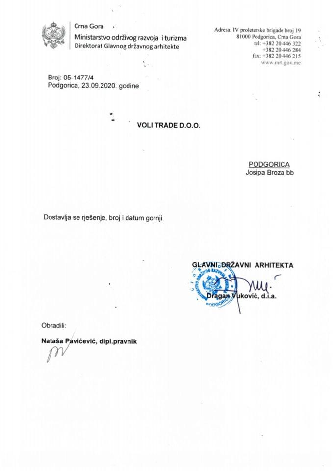 23.09.2020. Rješenje - VOLI TRADE d.o.o. - Kotor