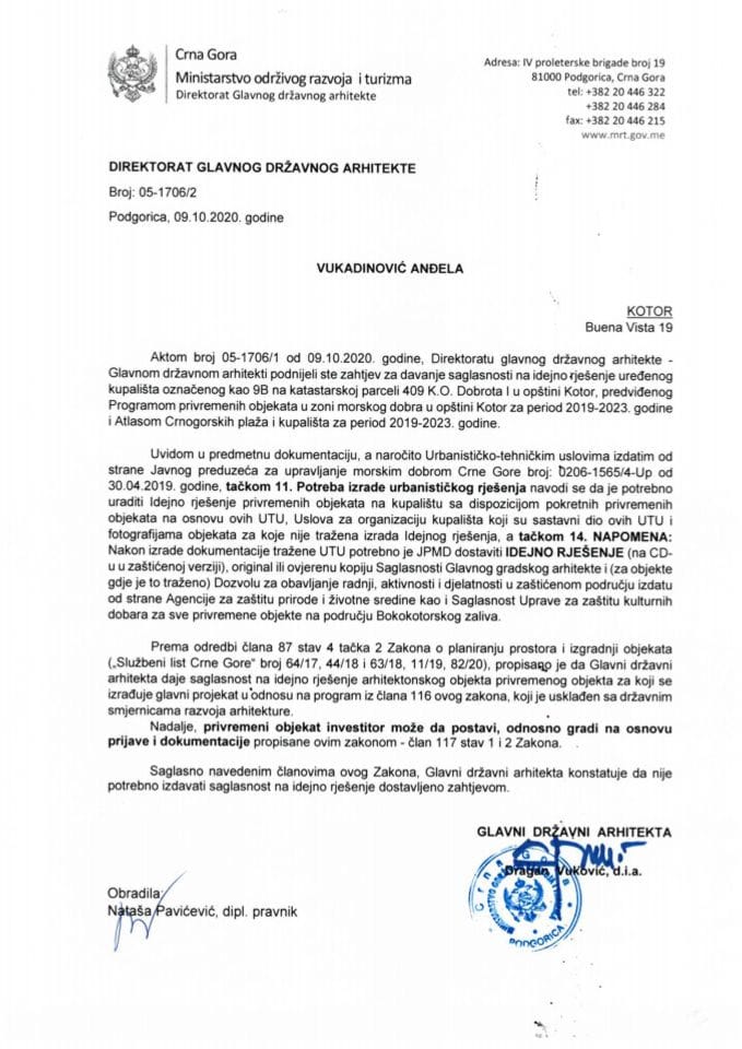 09.10.2020. Obavještenje - Vukadinović Anđela - Kotor