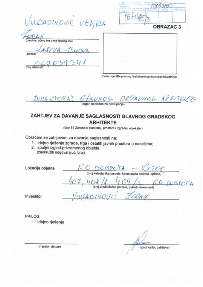 09.09.2020. Zahtjev - Vukadinović Zoran - Kotor