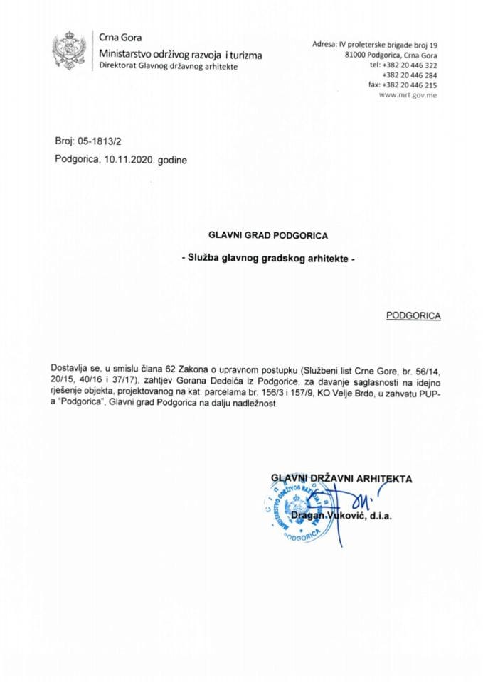 10.11.2020. Obavještenje - Glavni grad Podgorica - Glavni gradski arhitekta - Goran Dedeić - Tivat