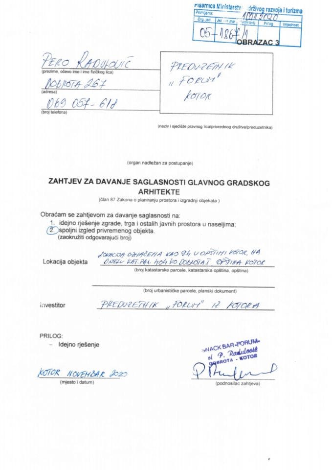 10.11.2020. Zahtjev - Preduzetnik FORUM iz Kotora - Kotor