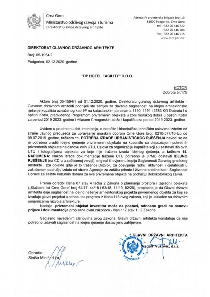02.12.2020. - Obavještenje - ''DP HOTEL FACILITY'' D.O.O. Kotor