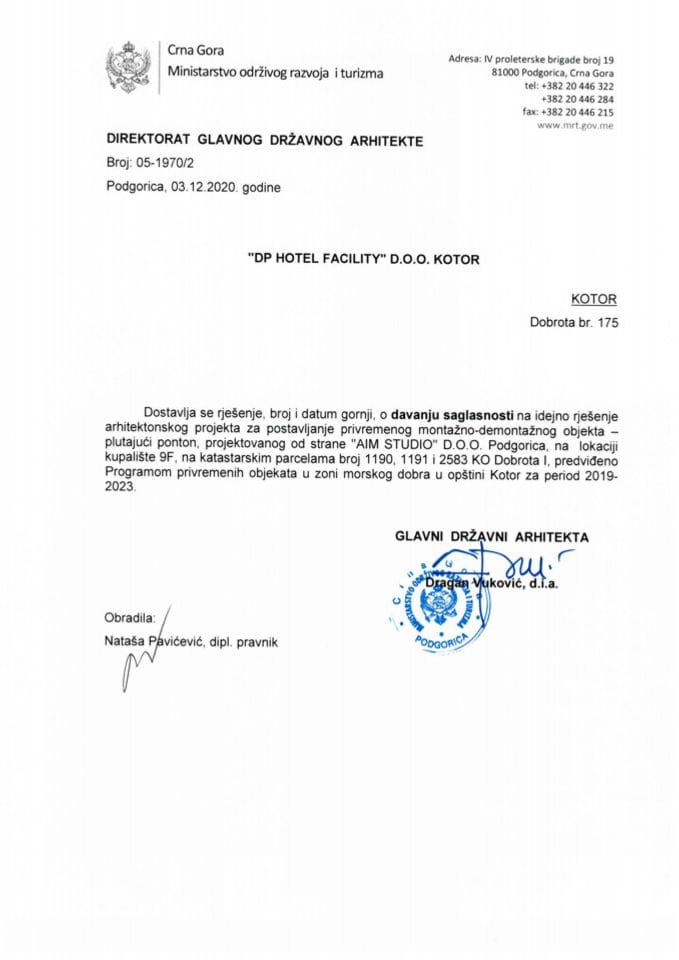 03.12.2020. - Rješenje - DP Hotel Facility d.o.o. Kotor - Kotor