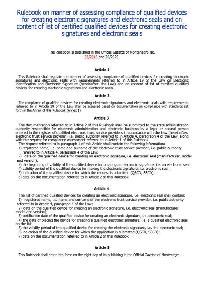 Rulebook on manner of assessing compliance of qualified devices for creating electronic signatures and electronic seals