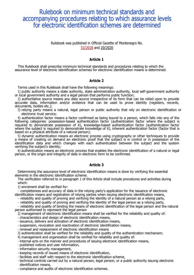 Rulebook on minimum technical standards and accompanying procedures relating to which assurance levels for electronic identification schemes are determined