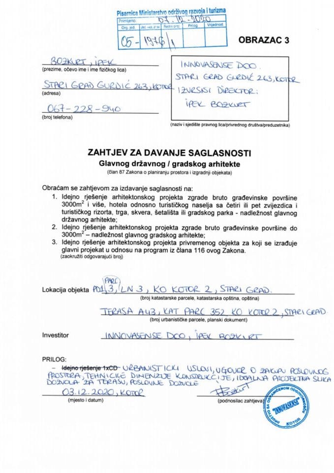 07.12.2020. Zahtjev - INOVASENSE d.o.o. - Kotor