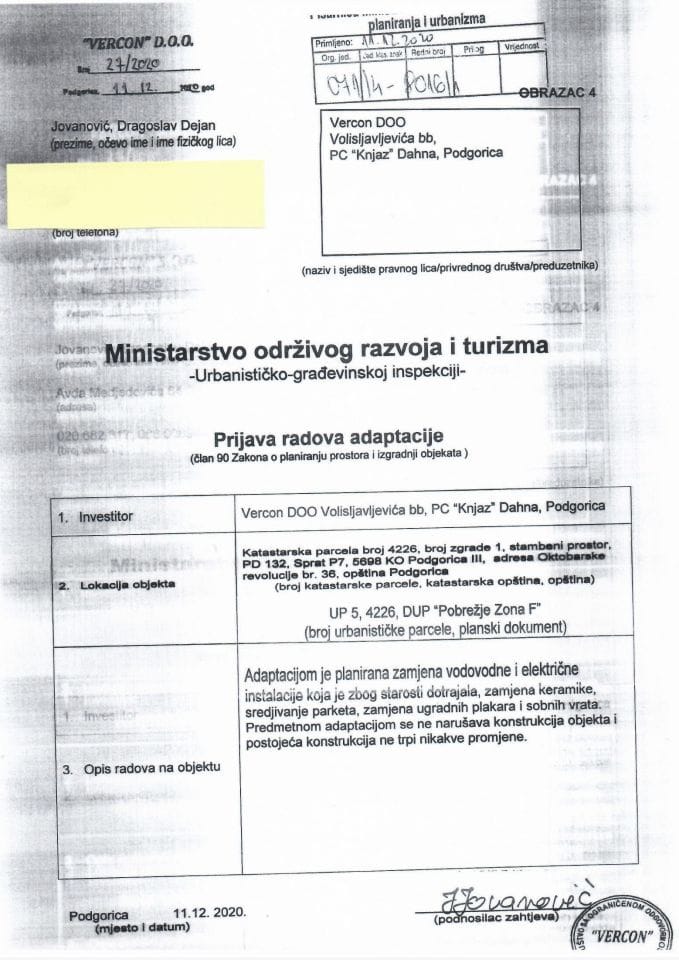 071-4-8016-1 VERCON DOO, PC KNJAZ DAHNA, PODGORICA