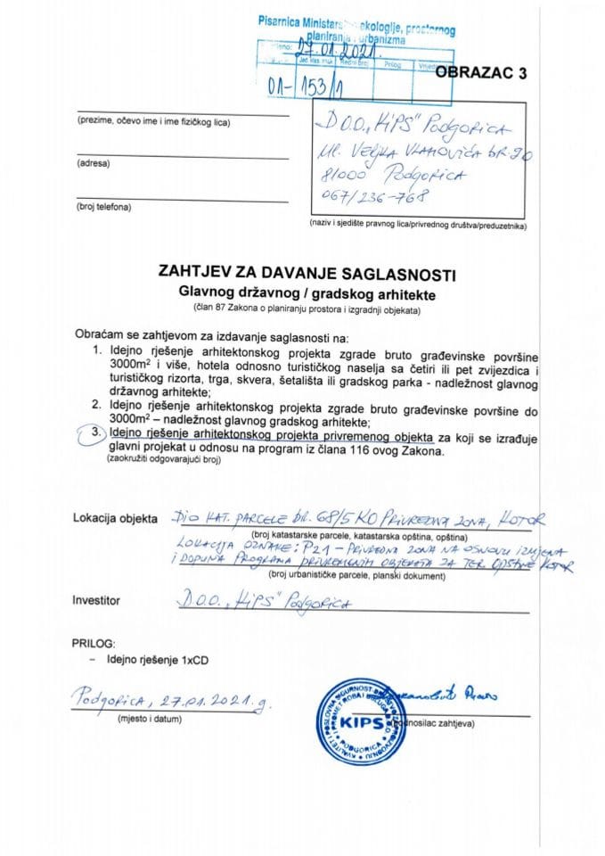 27.01.2021. Zahtjev - KIPS d.o.o. - Kotor