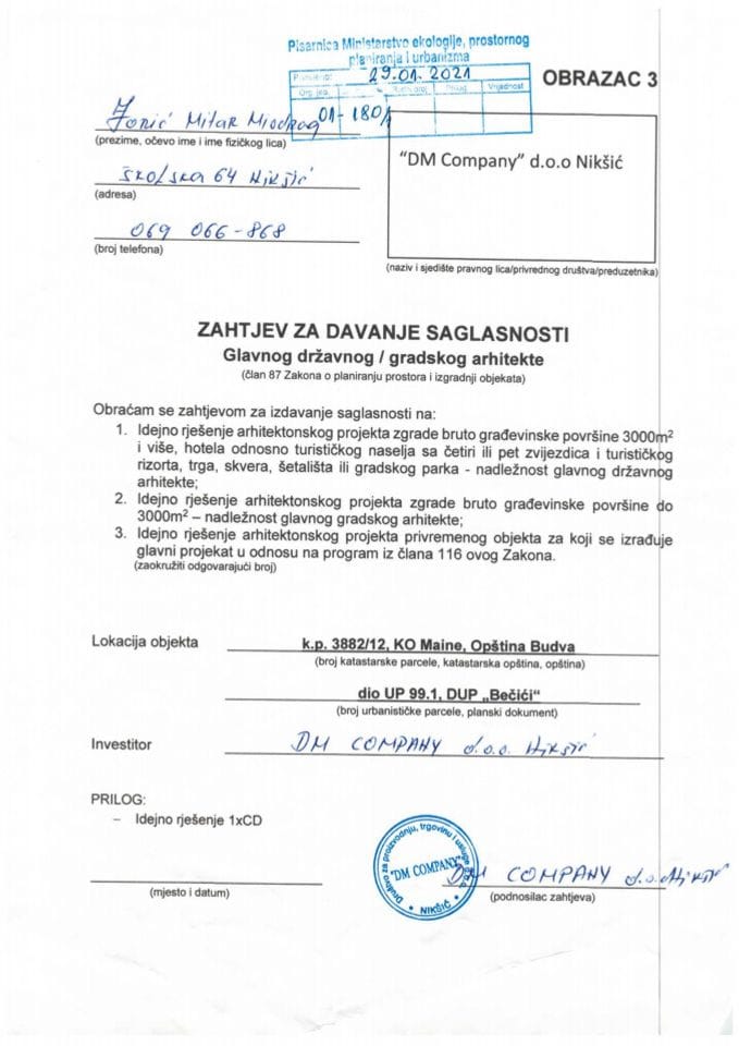 29.01.2021. Zahtjev - DM COMPANY d.o.o. - Budva