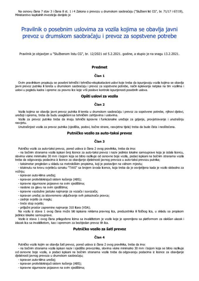 Pravilnik o posebnim uslovima za vozila kojima se obavlja javni prevoz u drumskom saobraćaju i prevoz za sopstvene potrebe