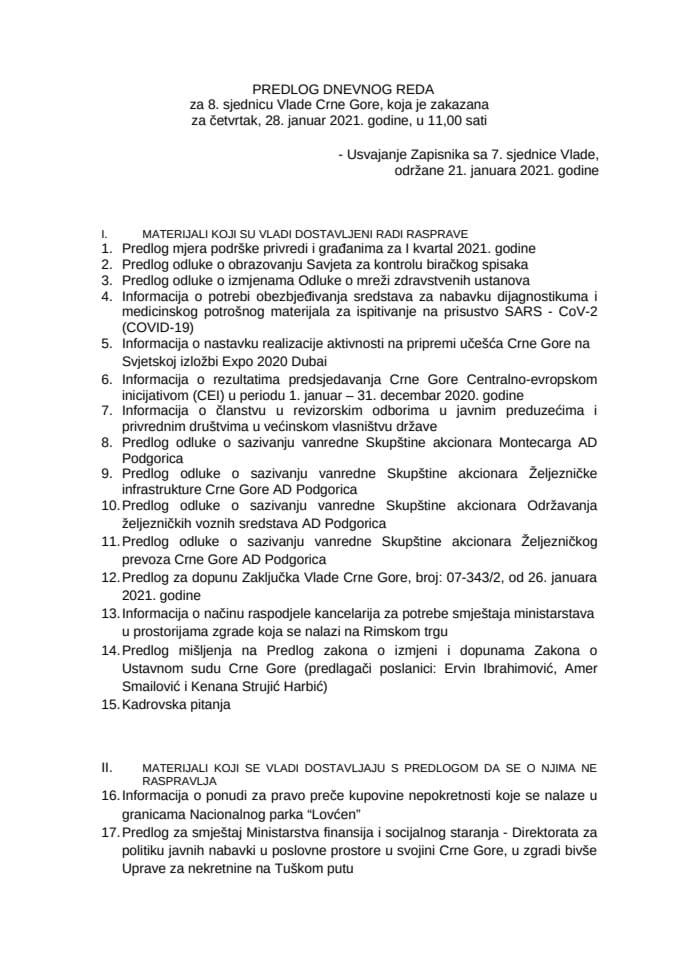 Predlog dnevnog reda za osmu sjednicu Vlade Crne Gore