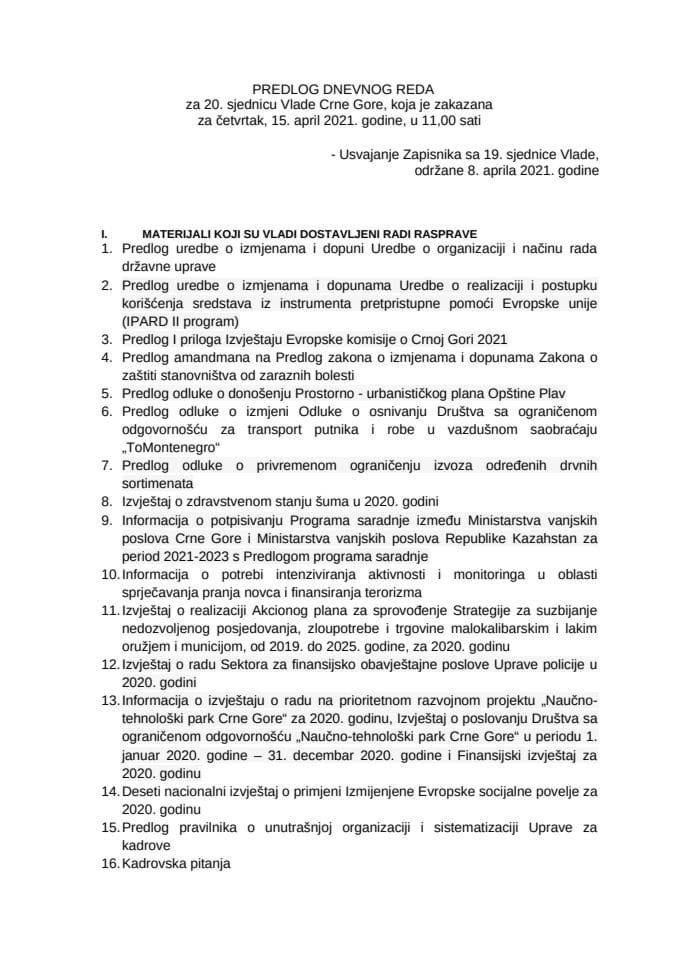 Предлог дневног реда за 20. сједницу Владе Црне Горе