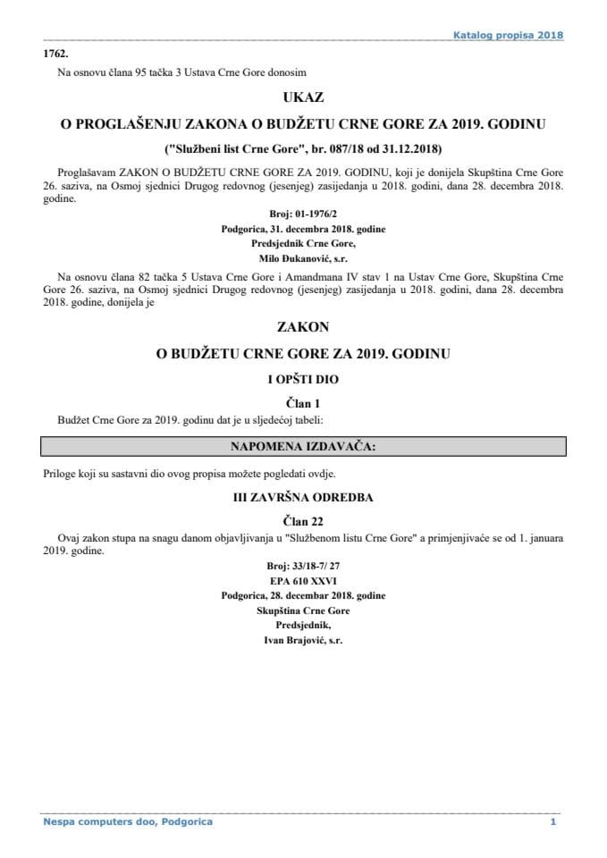 Zakon o Budžetu Crne Gore za 2019. godinu