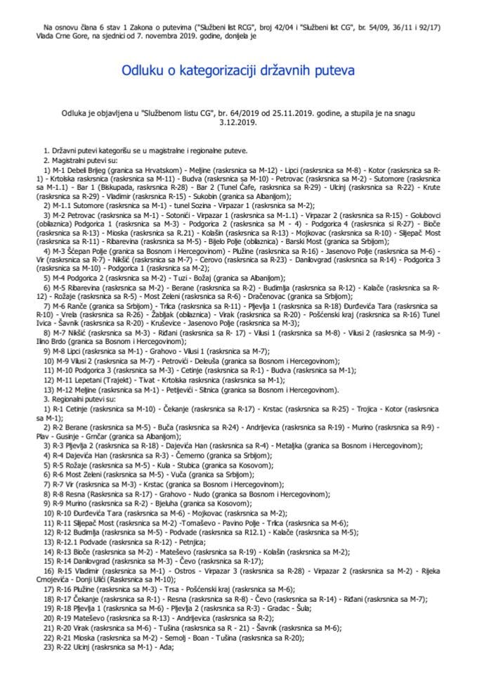 Odluka o kategorizaciji drzavnih puteva