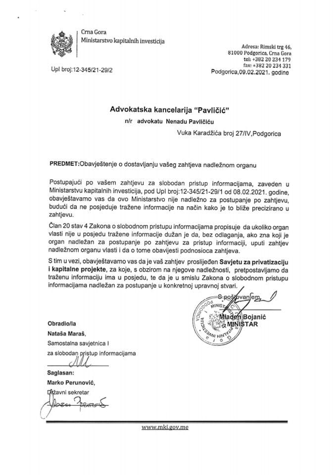 Obavještenje o prosledjivanju zahtjeva po zahtjevu Advokatske kancelarije Pavličić UPI 12-345/21-29/2