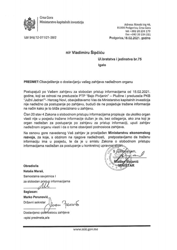 Obavještenje o prosledjivanju zahtjeva po zahtjevu Vladimira Šipčića UPI 12-011/21-38/2