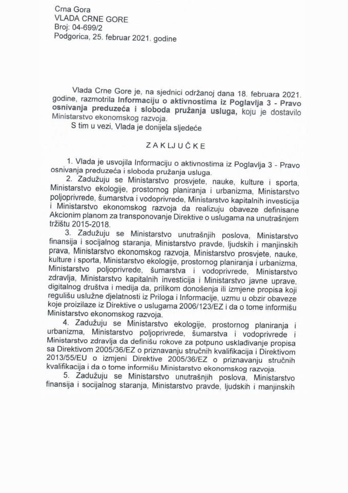 Informacija o aktivnostima iz Poglavlja 3 - Pravo osnivanja preduzeća i sloboda pružanja usluga - zaključci